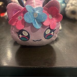 Sparkly Purple Cat Plush with Floral Accents